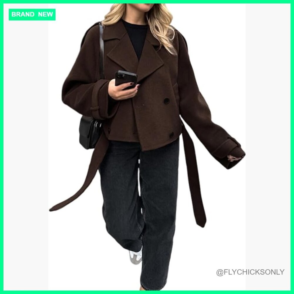 Cropped Wool Blend Pea Coat Double Breasted Notched Lapel Trench